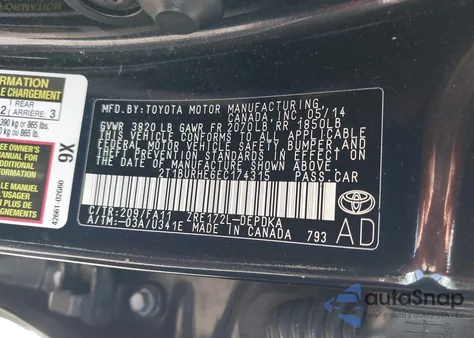 2014 Toyota Corolla L z USA, uszkodzony, nr VIN 2T1BURHE6EC174315